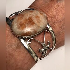 Sunstone Stamped 925 Sterling Silver Cuff Bracelet